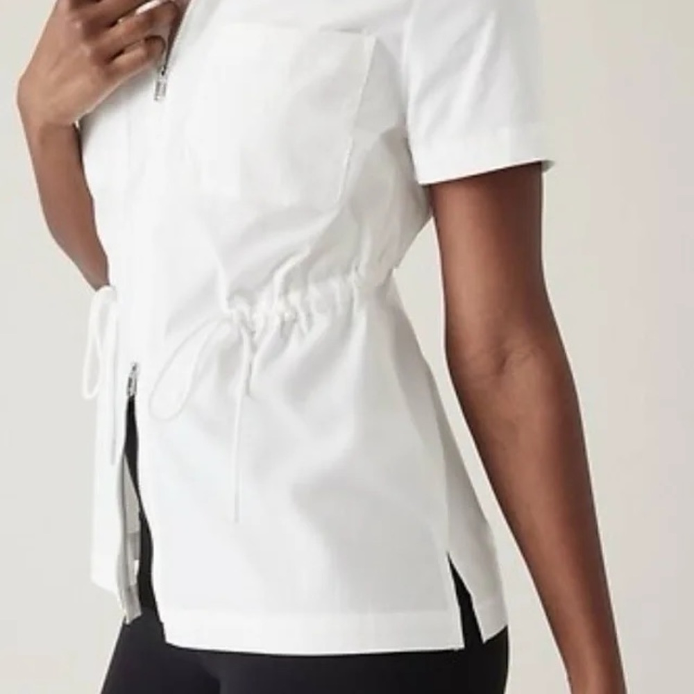 NWOT Athleta Advantage Cinch Tee White Zip Front Collard Shirt